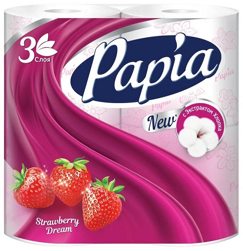 Туалетная бумага 3-х слойная Papia Strawberry Dream 4 рулона